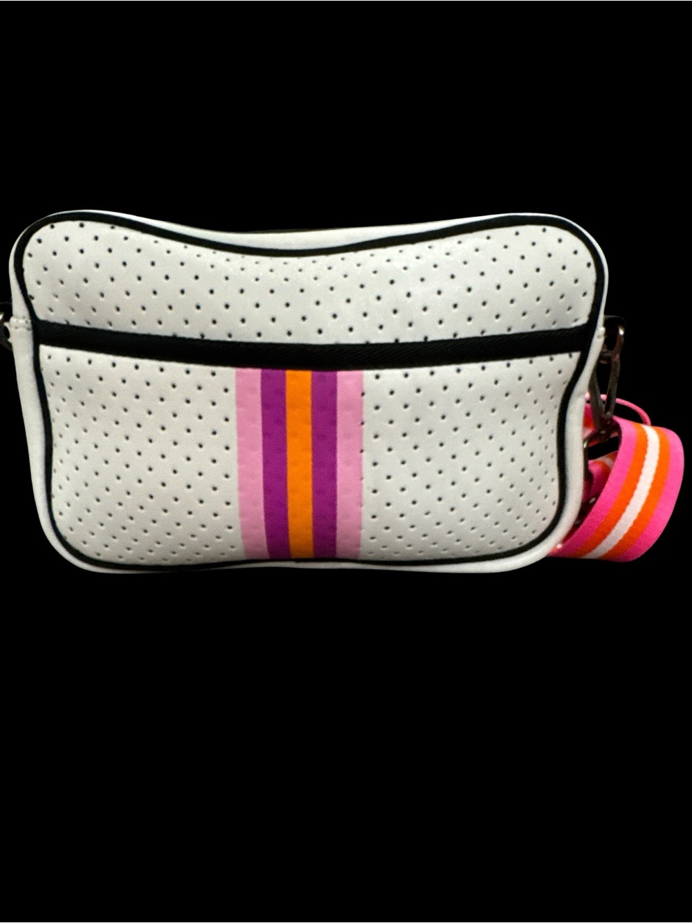 neoprene white and black Crossbody Bag with Pink & Orange Stripe NWOT